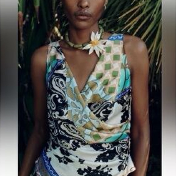 Zara Satin Scarf Print Draped Top Patchwork Wrap Sleeveless Blouse Size S - Picture 3 of 8